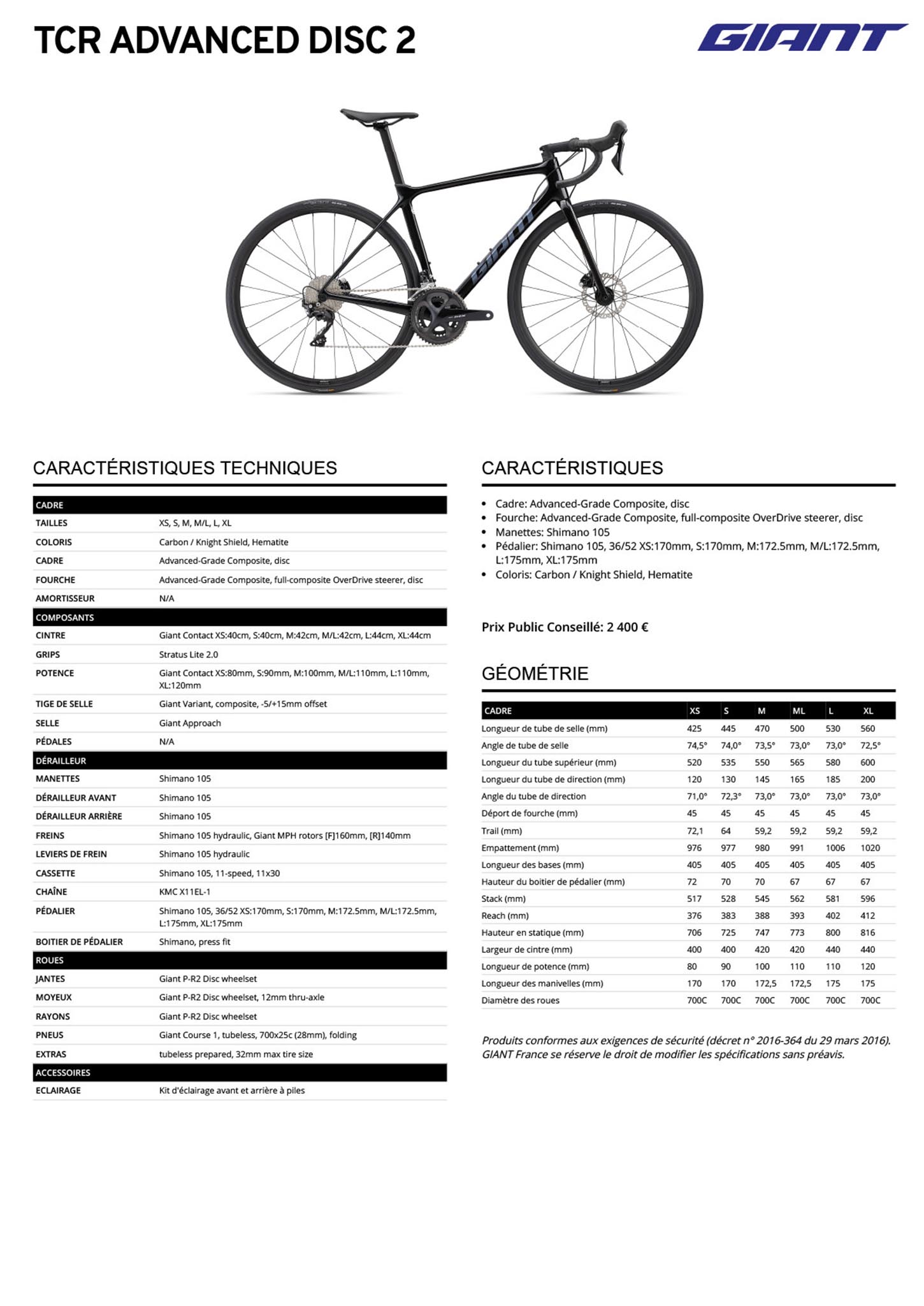 Fiche technique du velo TCR Advanced 2 Disc